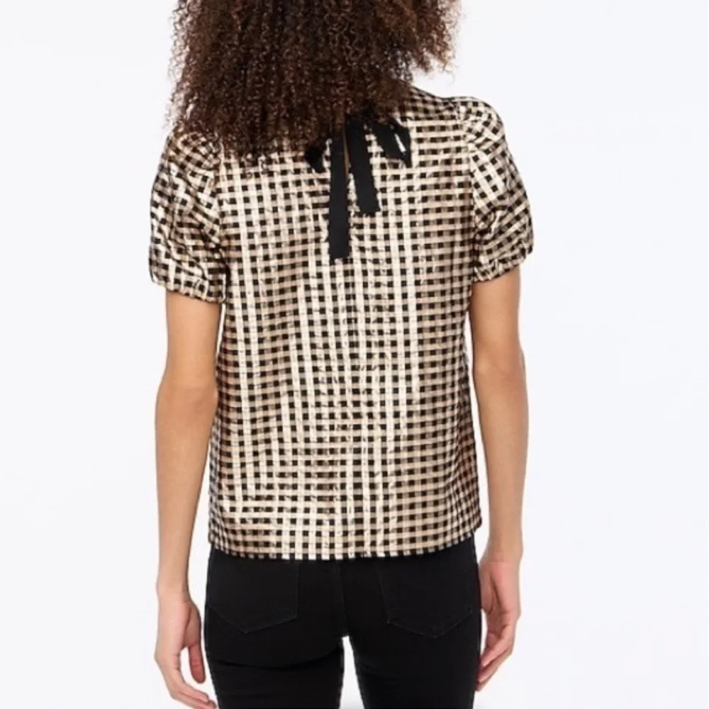 J. Crew Lurex Metallic Gold & Black Plaid Puff Sleeve Top, Size Medium, NWT - Picture 9 of 16